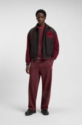 HUGO x RB oversized-fit tracksuit bottoms with striped waistband, Dark Red