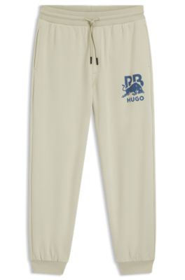 HUGO x RB cotton-terry tracksuit bottoms with bull graphic, Light Beige