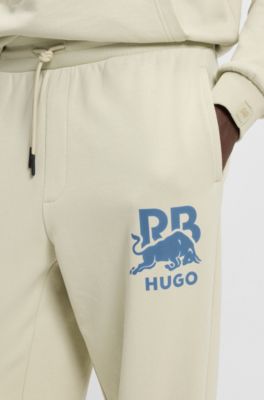 HUGO x RB cotton-terry tracksuit bottoms with bull graphic, Light Beige