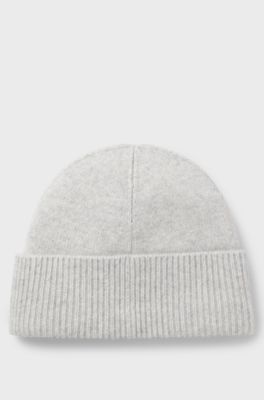 Cashmere beanie hat with metal logo tube, Light Grey