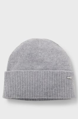 Cashmere beanie hat with metallic logo trim, Grey
