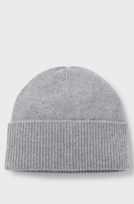 Cashmere beanie hat with metallic logo trim, Grey