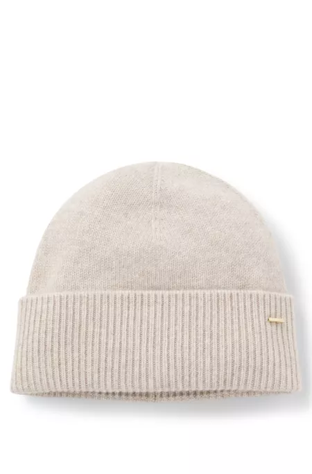 Cashmere beanie hat with metallic logo trim