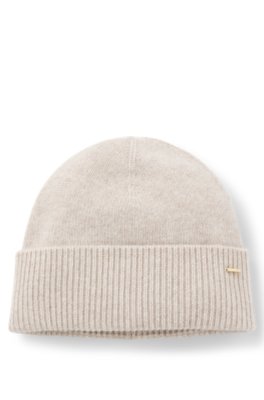 Cashmere beanie hat with metallic logo trim