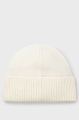 Cashmere beanie hat with metallic logo trim, Natural