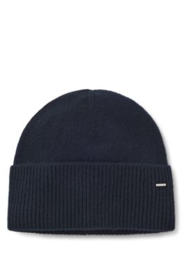 Cashmere beanie hat with metallic logo trim, Dark Blue