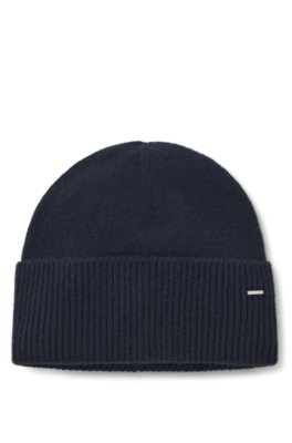 Cashmere beanie hat with metallic logo trim