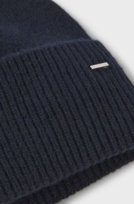 Cashmere beanie hat with metallic logo trim, Dark Blue