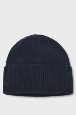 Cashmere beanie hat with metallic logo trim, Dark Blue