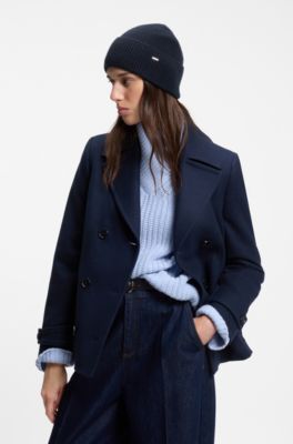 Cashmere beanie hat with metallic logo trim, Dark Blue