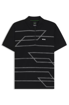 Slim-fit polo shirt in cotton with printed pattern, Black