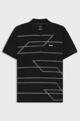 Slim-fit polo shirt in cotton with printed pattern, Black