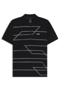 Slim-fit polo shirt in cotton with printed pattern, Black