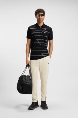 Slim-fit polo shirt in cotton with printed pattern, Black