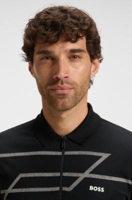 Slim-fit polo shirt in cotton with printed pattern, Black