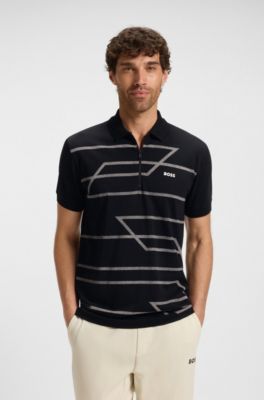 Slim-fit polo shirt in cotton with printed pattern, Black