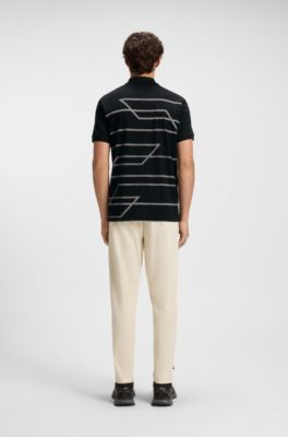 Slim-fit polo shirt in cotton with printed pattern, Black