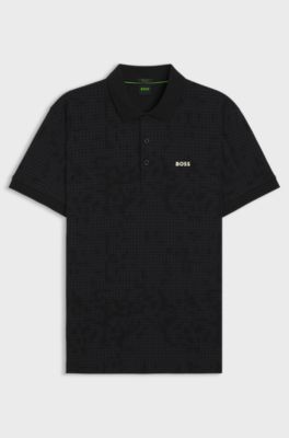 Stretch-cotton polo shirt with all-over print, Black