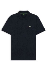 Stretch-cotton polo shirt with all-over print, Black