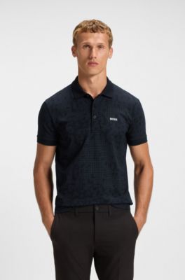 Stretch-cotton polo shirt with all-over print, Black
