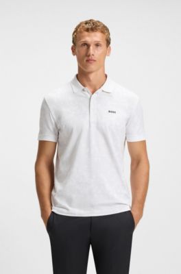 Stretch-cotton polo shirt with all-over print, White