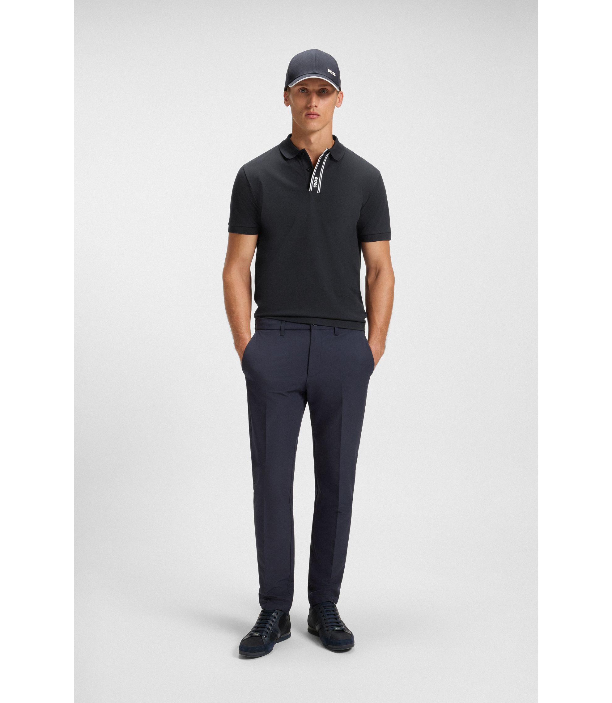 BOSS - Paddy ポロシャツ ストライププラケット＆ロゴ - ダークブルー