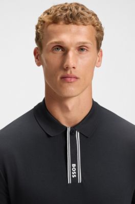 Paddy polo shirt with striped placket and logo, Dark Blue