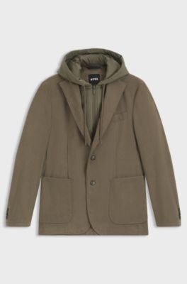 Slim-fit jacket with integrated hoodie, Khaki