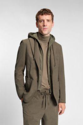 Slim-fit jacket with integrated hoodie, Khaki