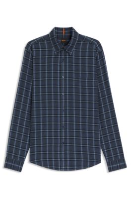 Regular-fit shirt in cotton flannel, Blue Patterned