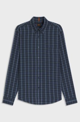 Regular-fit shirt in cotton flannel, Blue Patterned