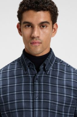 Regular-fit shirt in cotton flannel, Blue Patterned