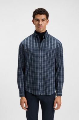 Regular-fit shirt in cotton flannel, Blue Patterned