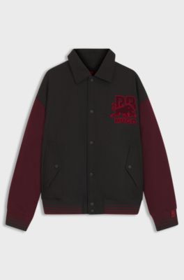 HUGO x RB regular-fit varsity-style jacket with bull graphics, Dark Grey