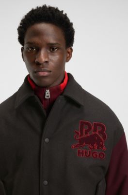 HUGO x RB regular-fit varsity-style jacket with bull graphics, Dark Grey