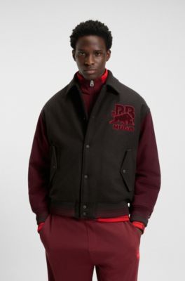 HUGO x RB regular-fit varsity-style jacket with bull graphics, Dark Grey