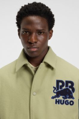HUGO x RB regular-fit varsity-style jacket with bull graphics, Blue / Beige
