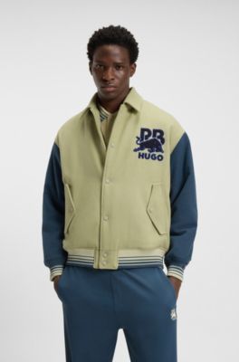 HUGO x RB regular-fit varsity-style jacket with bull graphics, Blue / Beige