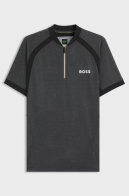 Zip-neck slim-fit polo shirt in mesh jersey, Dark Grey
