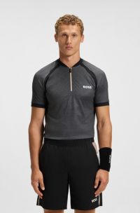 Zip-neck slim-fit polo shirt in mesh jersey, Dark Grey