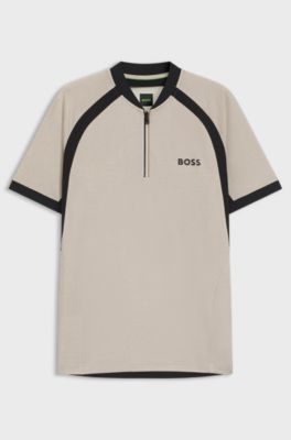Zip-neck slim-fit polo shirt in mesh jersey, Light Beige