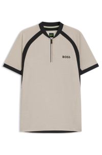 Zip-neck slim-fit polo shirt in mesh jersey, Light Beige