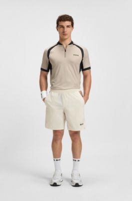 Zip-neck slim-fit polo shirt in mesh jersey, Light Beige