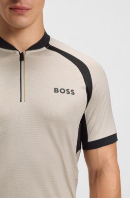 Zip-neck slim-fit polo shirt in mesh jersey, Light Beige