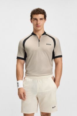 Zip-neck slim-fit polo shirt in mesh jersey, Light Beige
