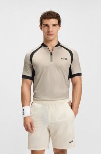 Slim-fit polo van meshjersey met ritskraag, Lichtbeige