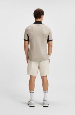Zip-neck slim-fit polo shirt in mesh jersey, Light Beige
