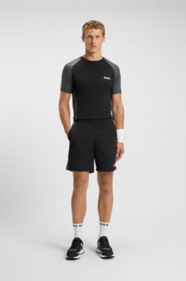 Slim-fit T-shirt van meshjersey met contrasterende inzetten, Zwart / grijs
