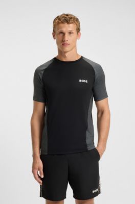 Slim-fit T-shirt van meshjersey met contrasterende inzetten, Zwart / grijs