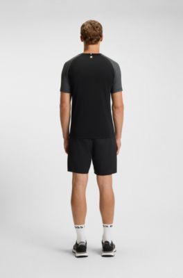 Slim-fit T-shirt van meshjersey met contrasterende inzetten, Zwart / grijs